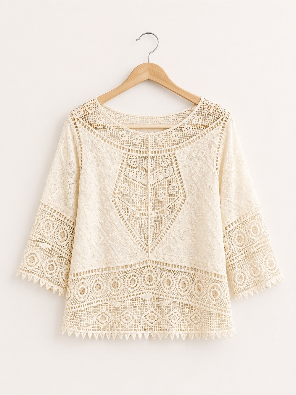 Ultra Pink Cream Crochet Lace Peasant Blouse